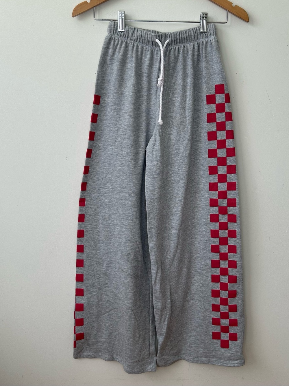 Grayson Threads Womens Wide Leg Baggy Sweatpants Small Gray Red Check Sides Y2K